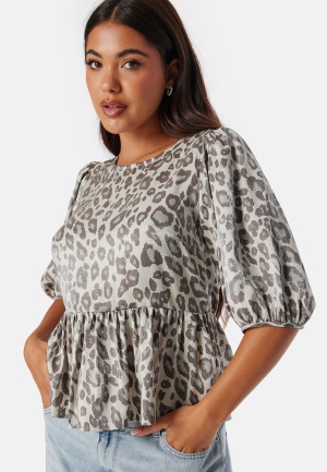 BUBBLEROOM Round Neck Puff Sleeve Blouse  Leopard S