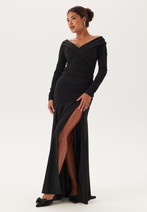 Se Goddiva Long Sleeve Bardot Pleat Maxi With Split Black XXL (UK18) ved Bubbleroom