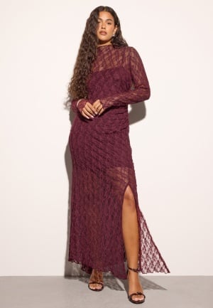 Bubbleroom Occasion Asymmetric Lace Maxi Dress Burgundy M