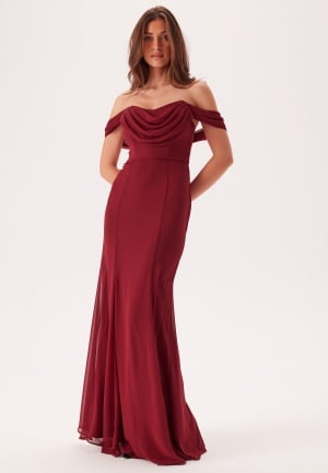 Goddiva Chiffon Off Shoulder Maxi Dress Berry M (UK12)