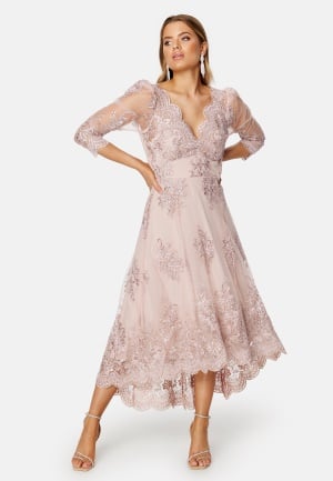 Goddiva Embroidered Lace 3/4 Sleeve Midi Dress Blush XS (UK8)