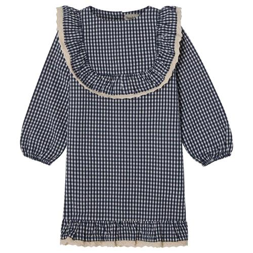 Buddy & Hope Alice LS Flounce Seersucker Kjole Navy Check | Marine blå | 86/92 cm