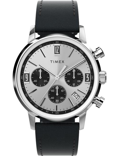 Timex Marlin Quartz Chrono 40Mm Silver Dial Black Leather Strap Timex Silver