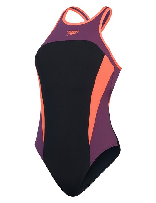 Speedo Womens High Neck Splice Cross Back Swimsuit Speedo Black