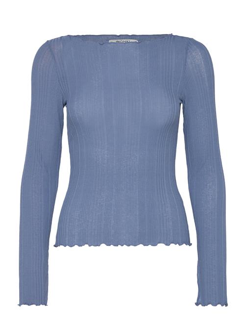 Monki Ribbed Long Sleeve Lettuce Hem Top Monki Blue