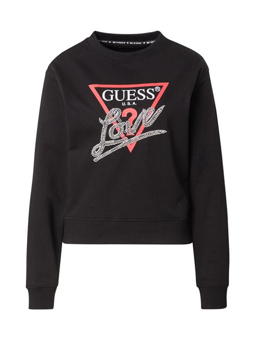 Se GUESS Sweatshirt 'CN LOVE TRIANGLE SWEATSHIRT'  rød / sort / sølv / hvid ved About You