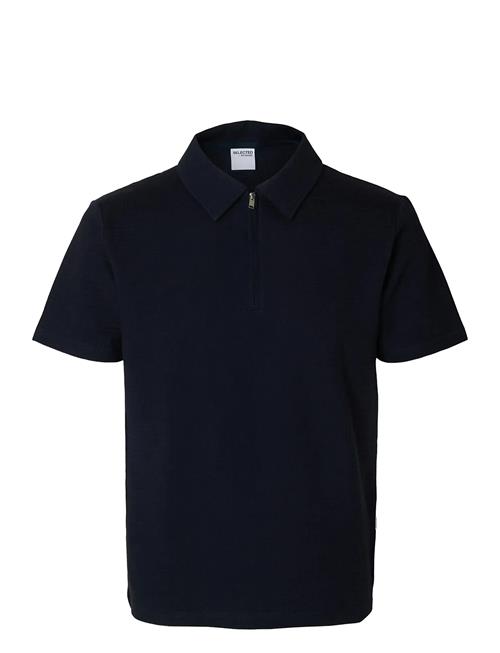 Slhsander Seersucker Zip Ss Polo Selected Navy