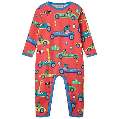 Småfolk Long Sleeved Baby Suit With Race Cars Pink Punch Race Cars Langærmet Onesie Pink Punch | Rød | 74 cm