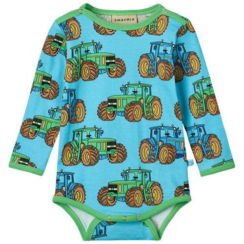 Småfolk Long Sleeved Baby Body With Tractors Blue Atoll Tractors Baby Body Blue Atoll | Blå | 62 cm