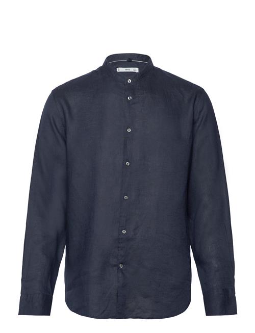 100 Linen Mao Collar Shirt Mango Navy