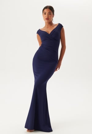 Se Goddiva Bardot Pleat Maxi Dress Dark blue XS (UK8) ved Bubbleroom