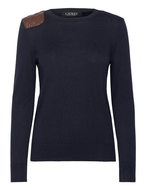 Faux-Leather-Trim Cotton-Blend Sweater Lauren Ralph Lauren Navy