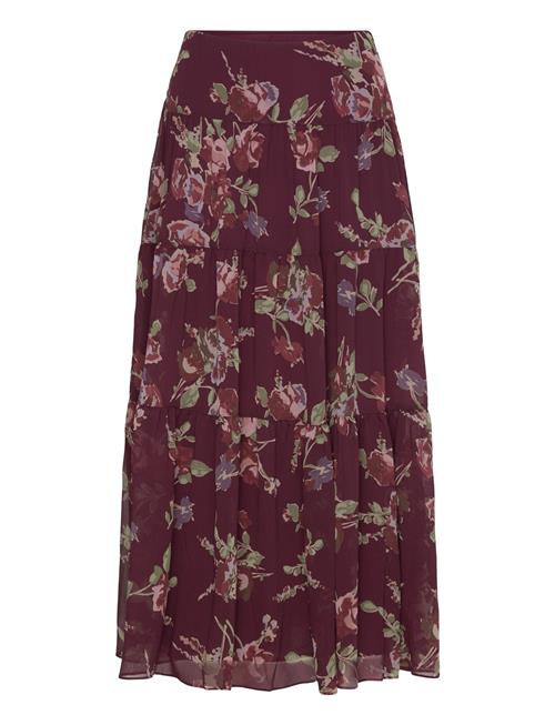 Floral Crinkle Georgette Tiered Skirt Lauren Ralph Lauren Burgundy