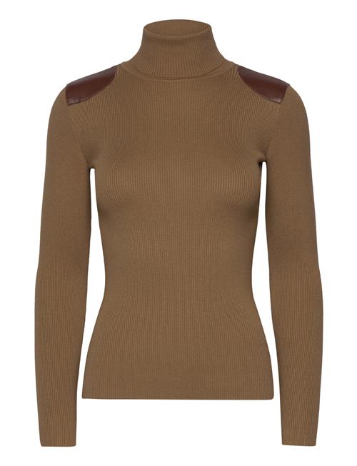 Faux-Leather-Trim Ribbed Turtleneck Lauren Ralph Lauren Brown