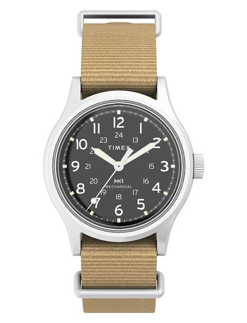 Mk1 Hand Wind Sst Case Black Dial Tan Strap Timex Silver