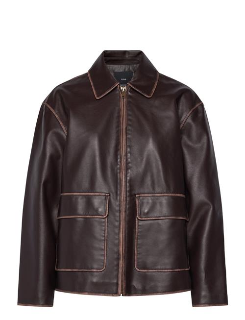 Leather-Effect Jacket With Contrast Stitching Mango Brown