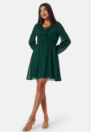 Se BUBBLEROOM V-neck Short Frill Dress Dark green L ved Bubbleroom