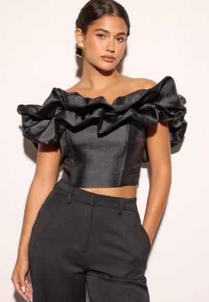 Bubbleroom Occasion Frill Satin Off Shoulder Top Black L