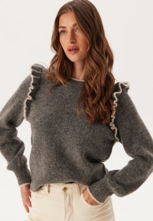 SELECTED FEMME Slfalva Frills Ls Knit O-neck Medium Grey Melange Detail:bir XXL