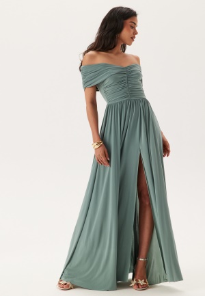 Goddiva Bardot Rouched Maxi Split Dress Dark Sage XL (UK16)