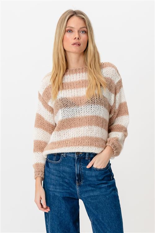 Mila Stribet Strikket Sweater - Light Camel/White - L/XL - TeeShoppen