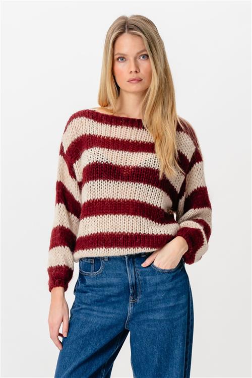 Mila Stribet Striktrøje - Bordeaux/Beige - S/M - TeeShoppen