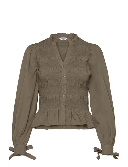 V-Neck Cotton Smock Blouse Bubbleroom Khaki