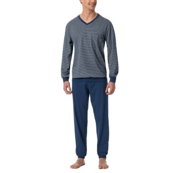 Schiesser Comfort Essentials V-Neck Long Pyjamas Blå bomuld 4XL Herre