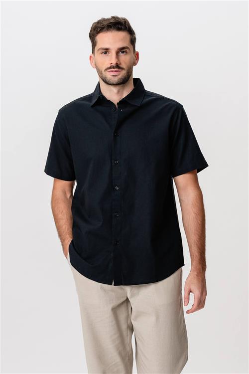 Kortærmet Hørskjorte - Sort - 2XL - TeeShoppen