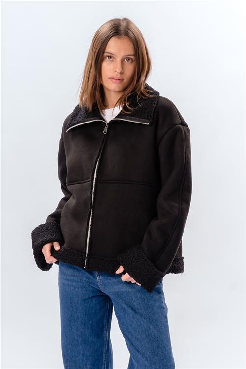 Shearling Zipper Coat - Sort - M - TeeShoppen
