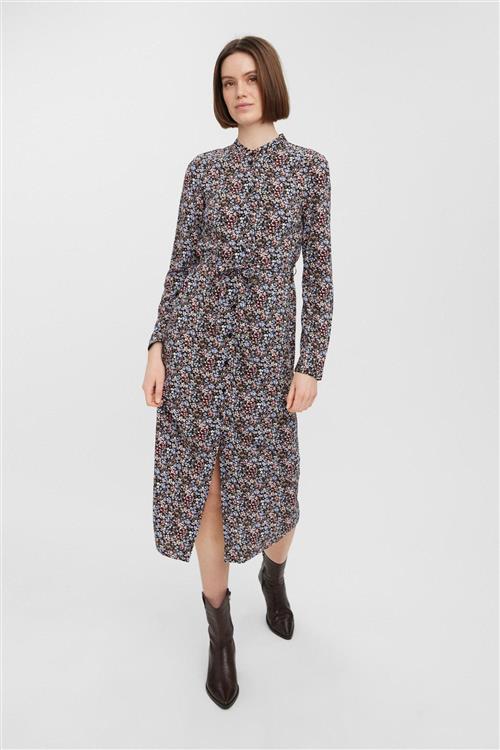 Easy Lang Skjortekjole - Sort m. Blå Blomster - XL - Vero Moda