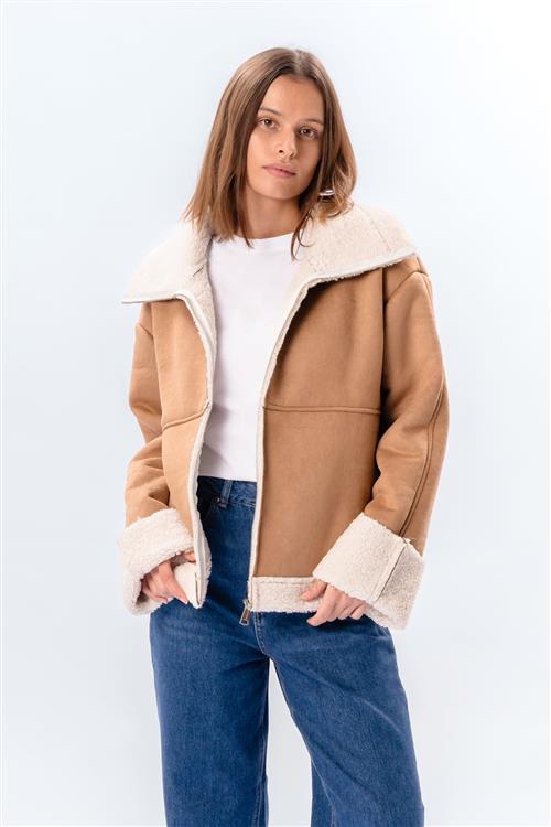 Shearling Zipper Coat - Beige - S - TeeShoppen