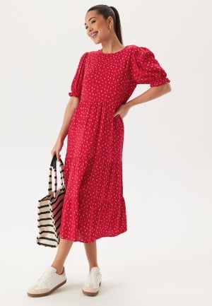 Happy Holly Puff Sleeve Viscose Midi Dress Red/Patterned 32/34