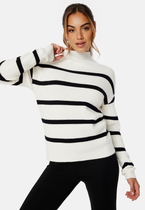 VILA Viril Mockneck L/S Knit Rib Top White Alyssum Stripes:BLACK XXL