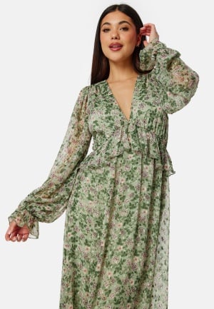 Bubbleroom Occasion Frill L/S Chiffon Midi Dress Green/Floral XS