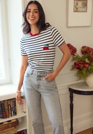 ONLY Onlheart Life S/S TEE JRS NOOS Cloud Dancer Stripes:night Sky XS