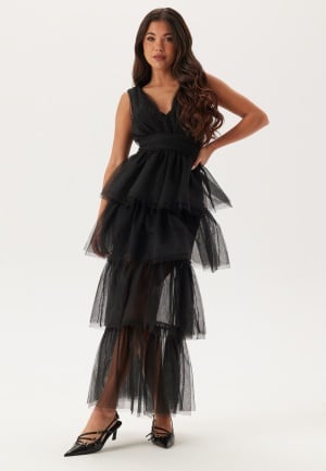 Bubbleroom Occasion High Slit Tulle Maxi Dress Black 38