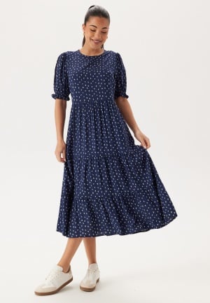 Happy Holly Puff Sleeve Viscose Midi Dress Dark blue/Patterned 40/42