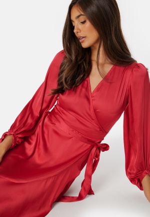 Bubbleroom Occasion Wrap Frill L/S Satin Dress Red M