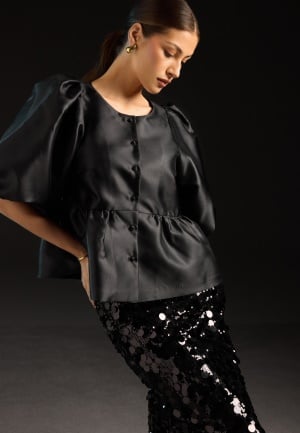 Bubbleroom Occasion Puff Sleeve Peplum Satin Blouse Black M
