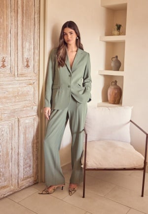 BUBBLEROOM Straight Leg Pleated Suit Pants  Dusty green 38