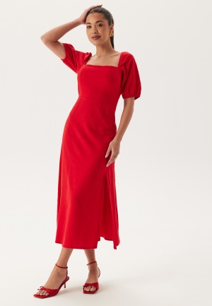BUBBLEROOM Puff Sleeve Linen Blend Dress Red M