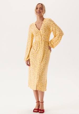 BUBBLEROOM Midi Button Volume Sleeve Dress Light yellow/Patterned M