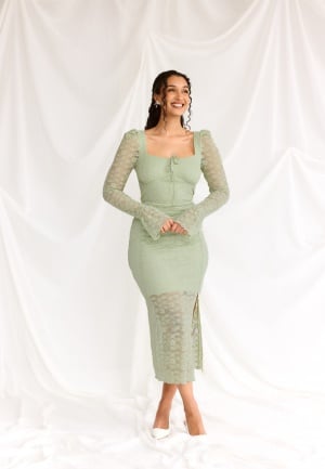 BUBBLEROOM Square Neck Lace Dress Dusty green M