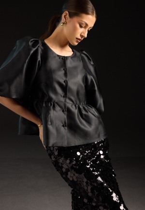 Bubbleroom Occasion Puff Sleeve Peplum Satin Blouse Black L