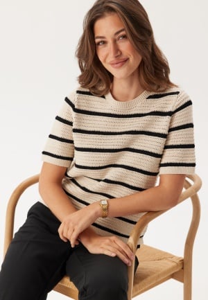 SELECTED FEMME Slfvinna Ss Structure Knit O_x Birch Stripes:Black XL