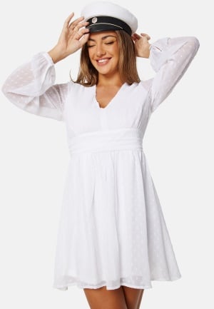 Bubbleroom Occasion Dotted Tie Back L/S Chiffon Dress White 42