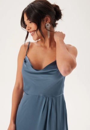 Bubbleroom Occasion Waterfall Slit Satin Gown Dark Dusty Blue 42