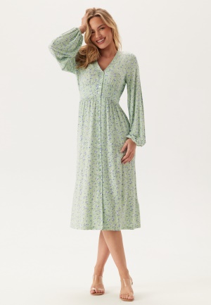 BUBBLEROOM Midi Button Volume Sleeve Dress Light green/Patterned XL