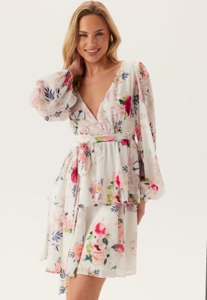 Goddiva Floral Long Sleeve Tiered Skater Dress White Floral L (UK14)